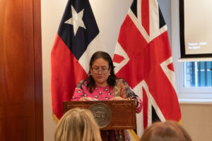 Francisca Garcia speaking at the Chilean Embassy in London during the ceremony of apology to Leopoldo Garcia Lucero