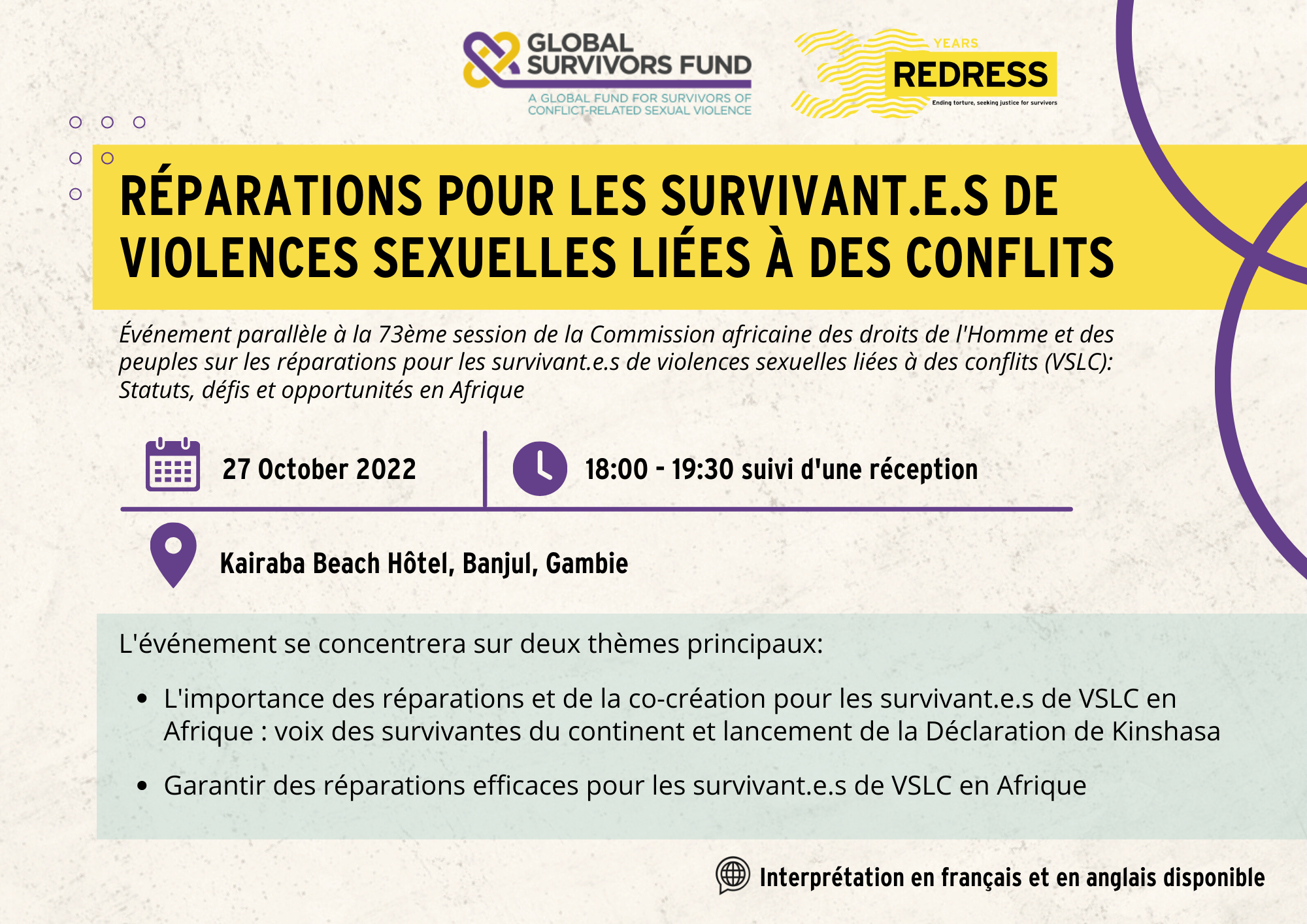 ÉVENEMENT PARALLELE : Reparations Pour Les Survivant.e.s De Violences Sexuelles Liees A Des Conflits