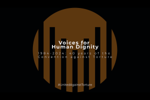 United Against Torture Consortium logo with the text title of the Voices for Human Dignity campaign overlaid